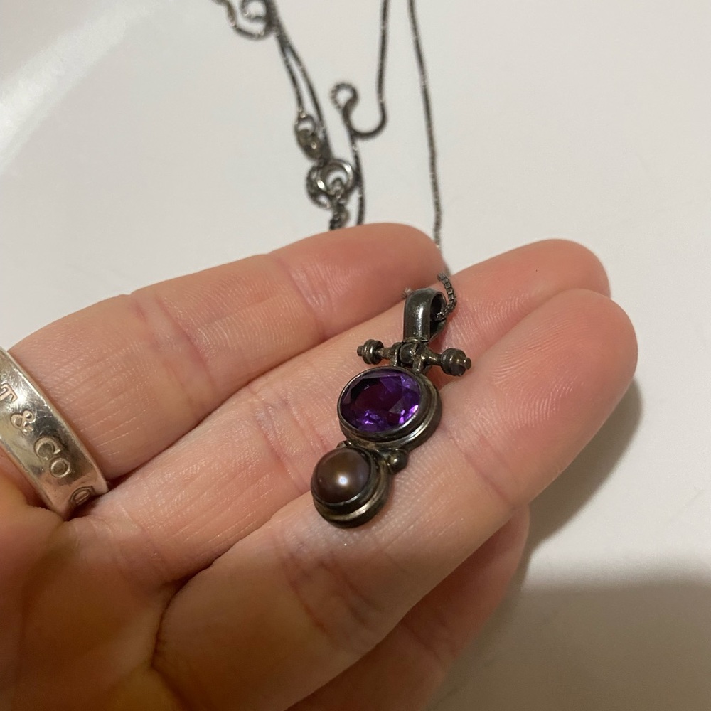 Vintage Ethnic Sterling Amethyst Pendant 925 Necklace With Pearl? - Picture 7 of 9